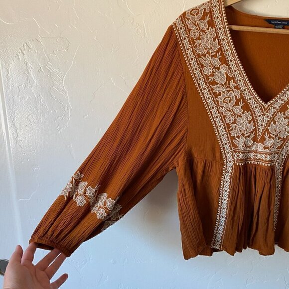 American Eagle Embroidered Peasant Top Burnt Orange Boho Hippie XS - Picture 3 of 7
